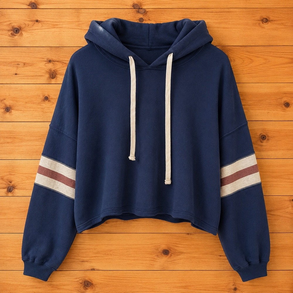 American Eagle Navy Blue Cropped Hoodie Varsity Stripe Sleeve XS Sweatshirt